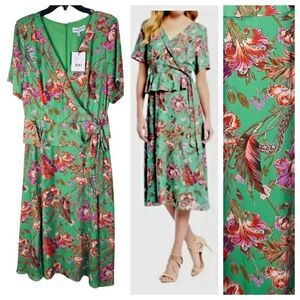 Gibson Latimer Multicolor Green Pink Floral Peplum Faux Wrap Dress NWT